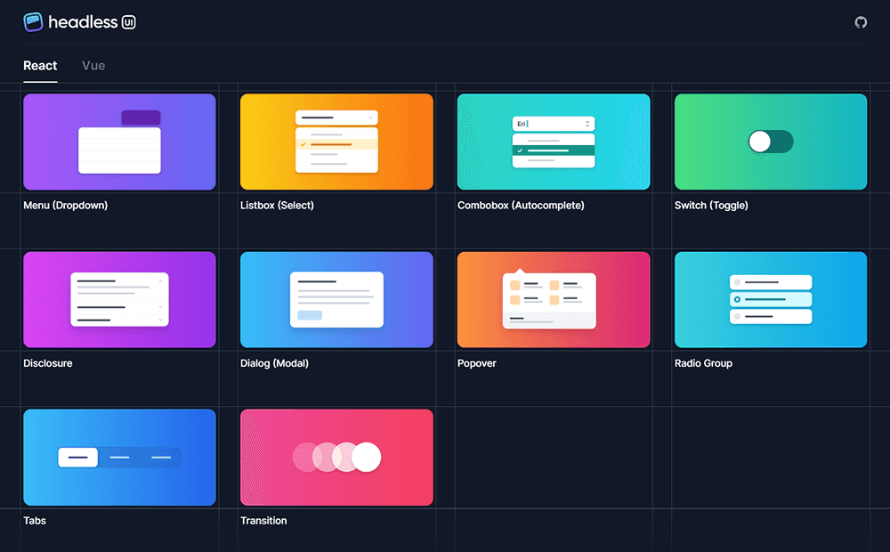 An image listing every Headless UI component